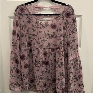Jolt Sheer Floral Blouse With Bell Sleeves and Crochet Accents